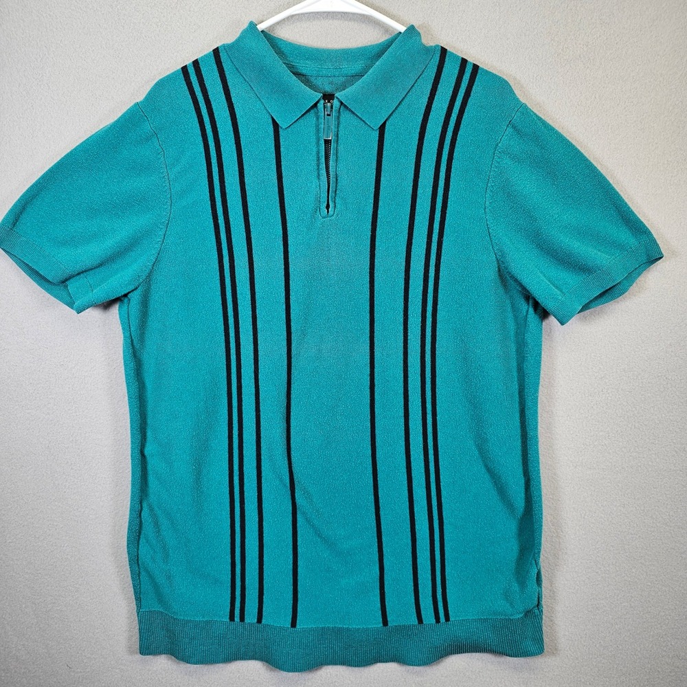 Shaquille O'Neal Mens XLG Teal Black Striped Quarter Zip Knit Polo Shirt XL Tall
